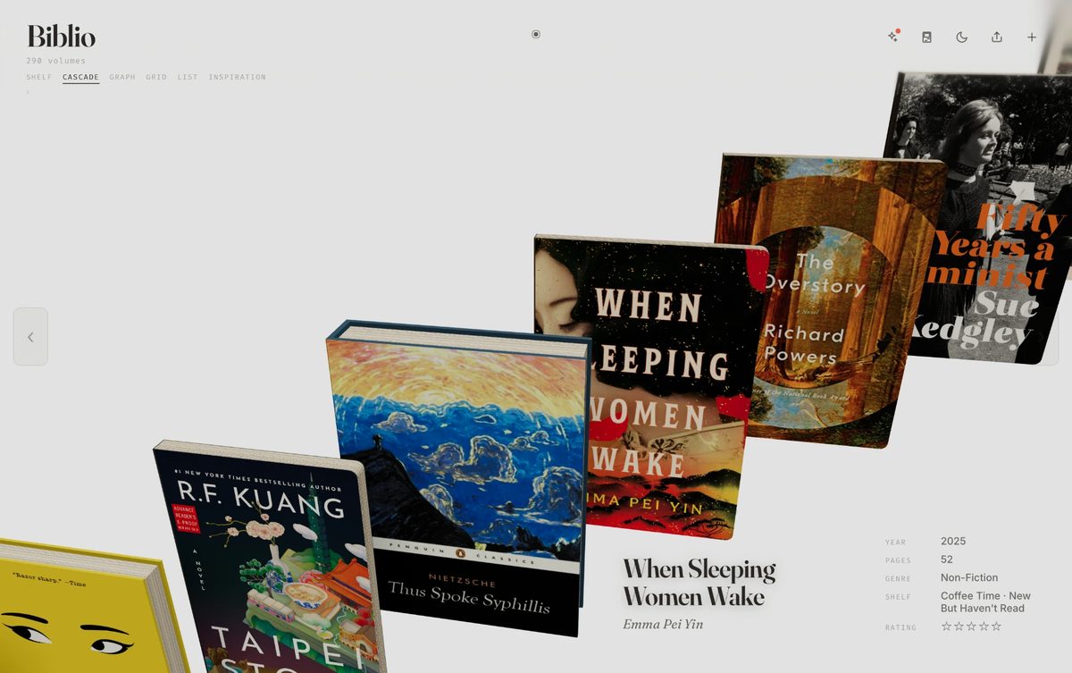 Biblio, a 3D bookshelf app built by White Cloud, showing books in a cascading row