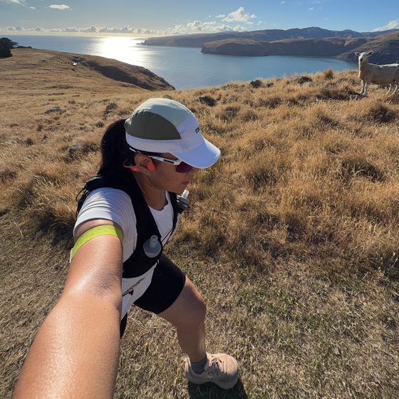 Jay, who shoots for White Cloud, out running above Lyttelton Harbour